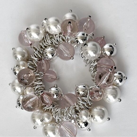 Vintage Pearl Pink Bubble Charms Cha Cha Stretch Bracelet Crystal - Picture 3 of 3